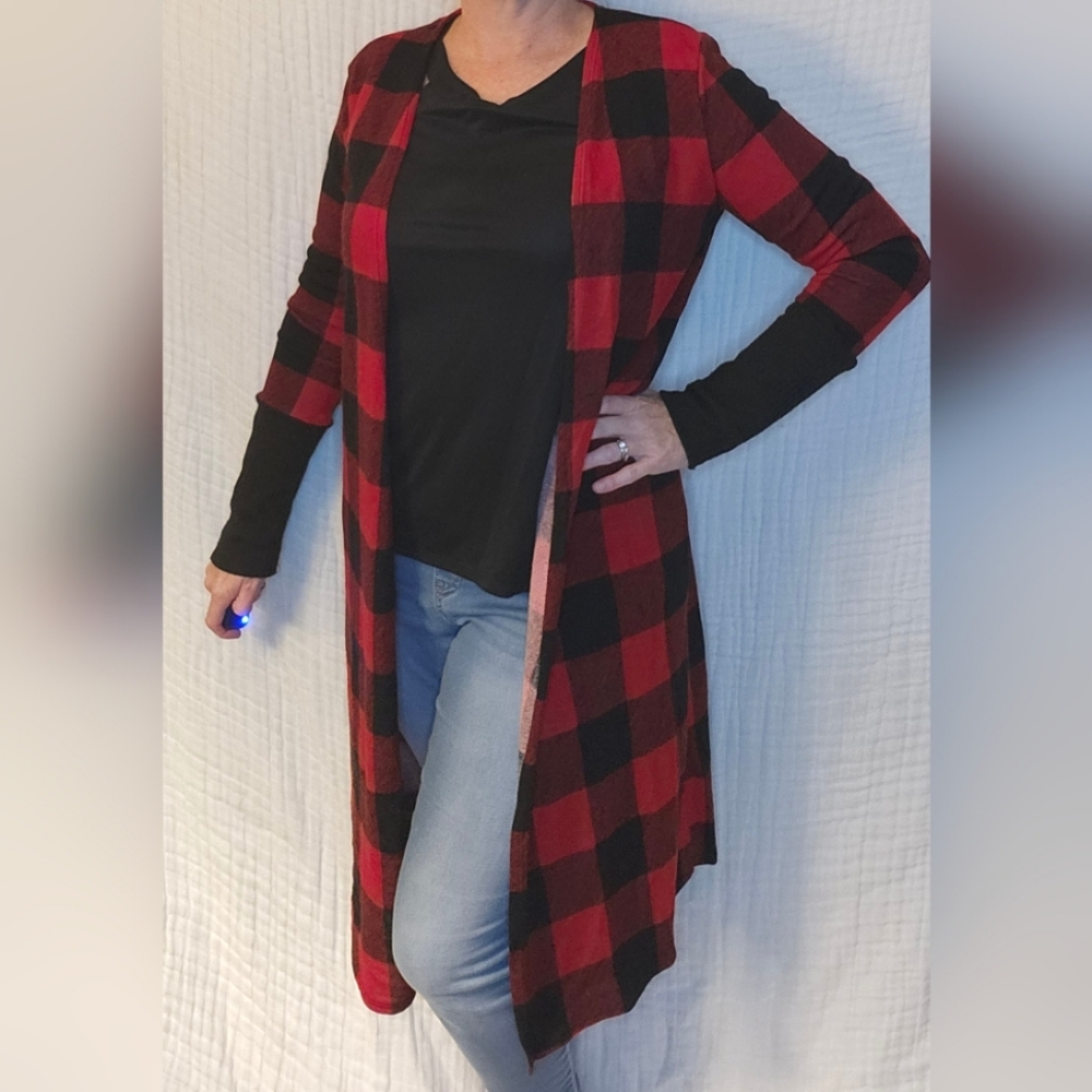 Buffalo Plaid Open Front Thumbhole Long Cardigan Red Black Check Size S/M